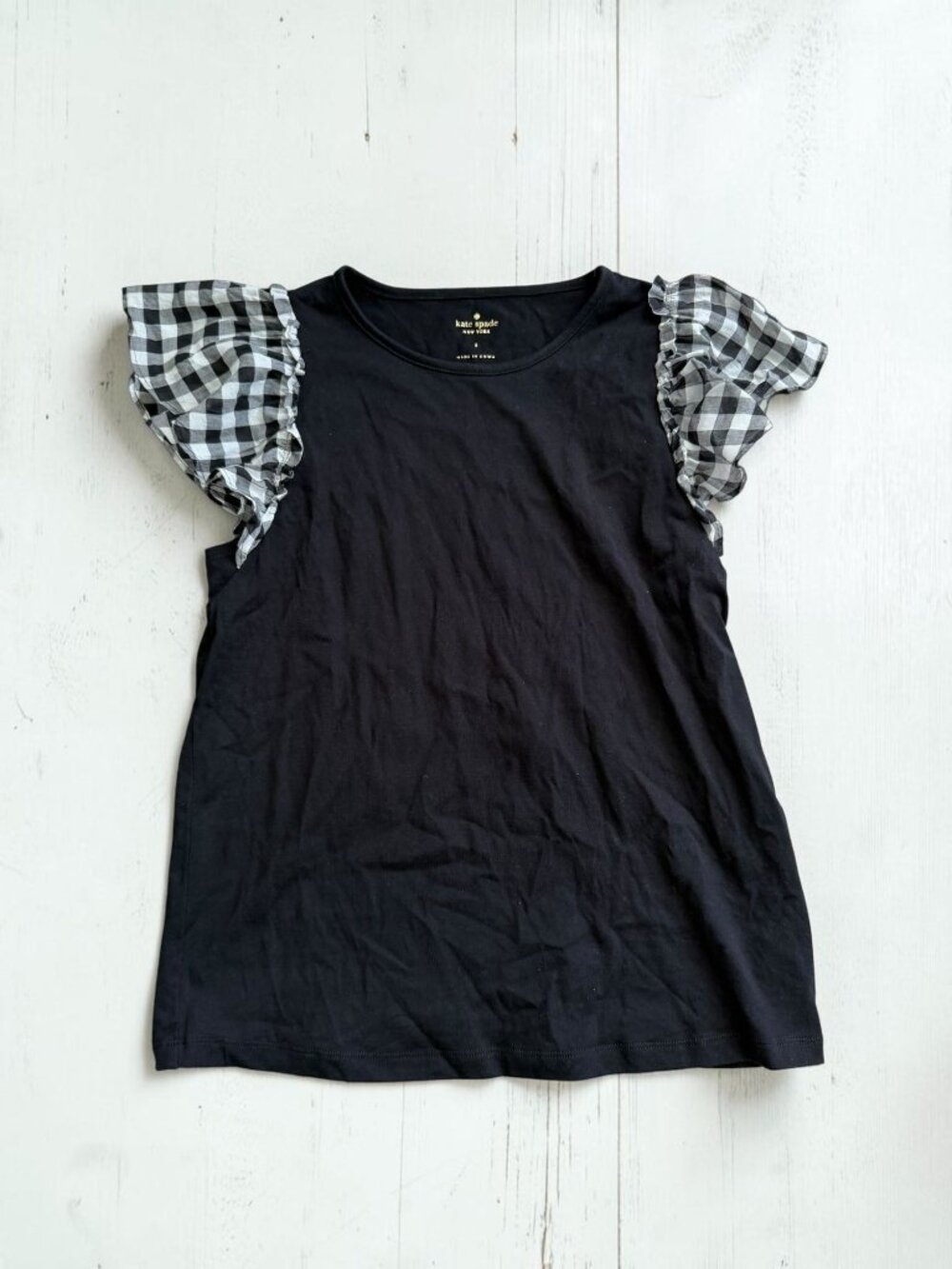 KATE SPADE Black Plaid Ruffle Sleeve Top Size Small